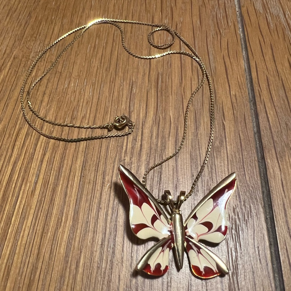 Vintage Butterfly Necklace Red & White Swirl Enamel with Gold Tone Chain